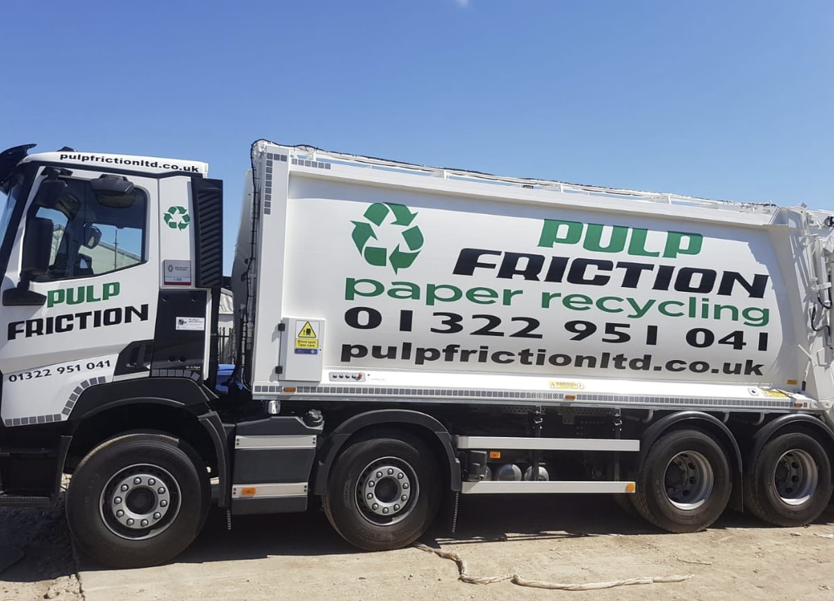 New white Pulp Friction paper recycling dust cart